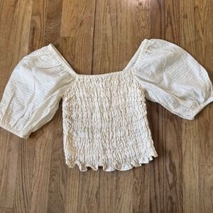 Old Navy Womens Smocked Puff Sleeve Crop Top Off White Cream XS